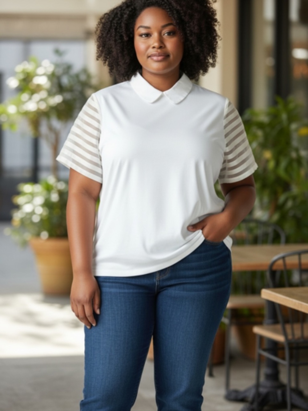 Madewell Contrast Sheer Striped Sleeve Peter Pan Collar Blouse Size Medium